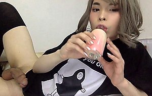 Cute asian trap plays with beautifull cock