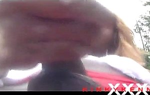 Busty shemale solo wanking off on the red car