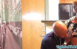 Ebony shemale gets spitroasted by intense cocks