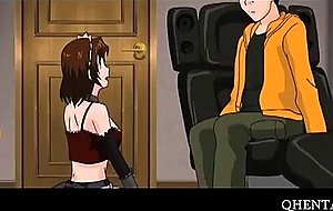 Gagged anime babe riding fat cock on sofa