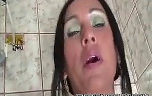 Titty brunette tranny rides sex machine