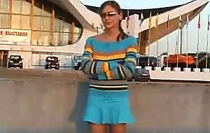 Hot shemale in dress flashes in public