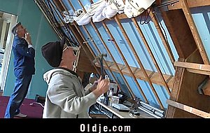 Two grandpas fuck a skinny teeny