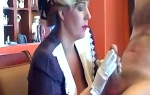 Mature amateur wife in costume gives gloved cfnm