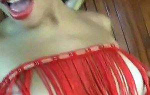 Hairy woman in a red bikini takes it the ass