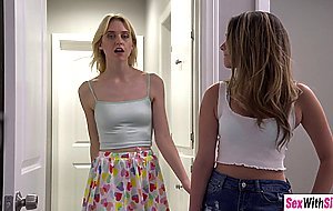 Blonde stepsister rides stepbros cock with her friend