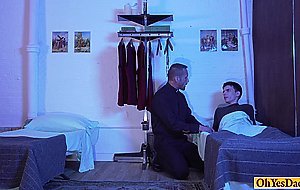 Mature old priest punishes young...