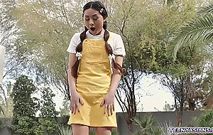 Tiny Elle Venove gets a strapon threesome with neighbors