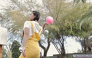 Tiny Elle Venove gets a strapon threesome with neighbors