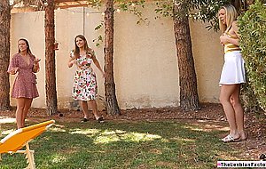 Blonde sucked on tits while fingered by busty girl outdoors
