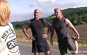 Buffed up hunks pick up girl