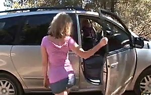 Amateur blonde lesbian couple undressing and tits massage in the car