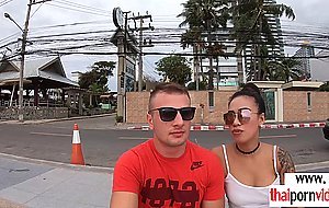 Busty amateur Thai Polly saying thank you on a big white dick