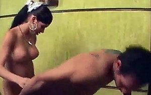 Outer cumshot after mutual hardcore with a titty ts
