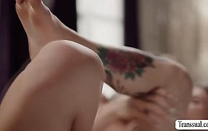 Busty tattooed stepmom gets licked and fucked by TS stepteen