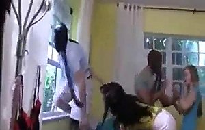 Three young girls banging with burglar