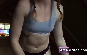 Girl with ponytails sucks cock deepthroat in wooden cabin