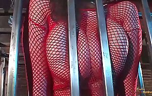 Girl with big tits in a cage gets to suck dick before she is released