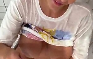 Busty chubby teen backstage wet shower and huge facial treatment - pov blowjob