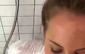 Busty chubby teen backstage wet shower and huge facial treatment - pov blowjob