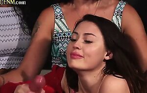 CFNM amateur classy babes give BJ group action to lucky dude