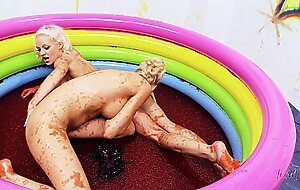 Jello wrestling and passionate fingering with two busty playful blondes
