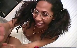 Tia busty ebony jerks off close up cock