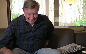 Fat old man fucks skinny teenager pussy and she gags on his cock