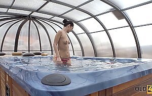 OLD4K. Brunette practices bonking with older man in all poses by pool