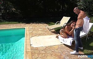 Stepdad Catches Busty Australian Babe Masturbating by the Pool and Offers His Cock for Real