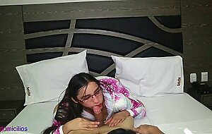 brunette in pajamas receives milk inside her