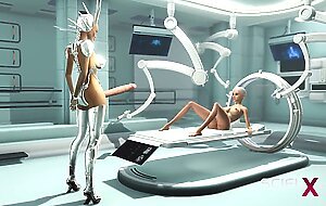 Sex android futanari plays with a sexy blonde in the sci-fi med bay