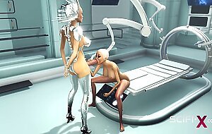 Sex android futanari plays with a sexy blonde in the sci-fi med bay
