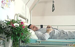 Teen nurses fuck old grandpa in a fake hospital bed and give sloppy blowjob