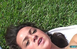 When he notices a topless busty brunette sunbathing he gets his big cock out immediately