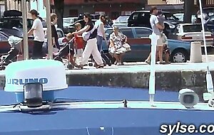 Exhib strapon at the port and orgy at the restaurant between milfs