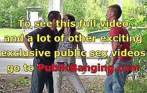 Skinny teen girl in a public street threesome group orgy with 2 cool hung guys with big dicks doing