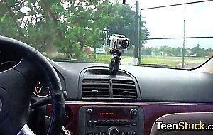 Teen hungry for dick in car and grabs it