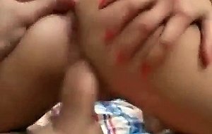 Slim blonde babe works a huge staff
