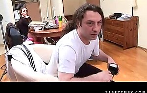 Pale busty brunette stuffs her twat with baseball bat