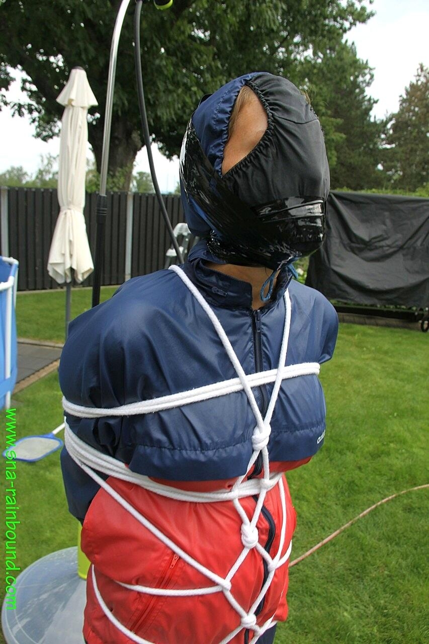 White Girl Is Left Tied Up In Rainwear With Her Panties Stuffed In Her Mouth Amateur, Bdsm, Bondage, Outdoor, Pool