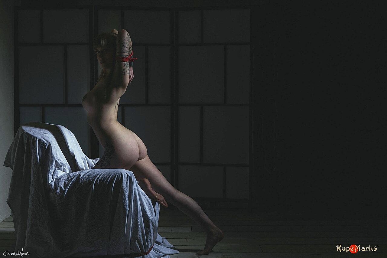 Busty Blonde Carmine Worx Is Blindfolded & Ball Gagged While Tied Up With Rope Blindfold, Bondage, Piercing, Spreading, Tattoo
