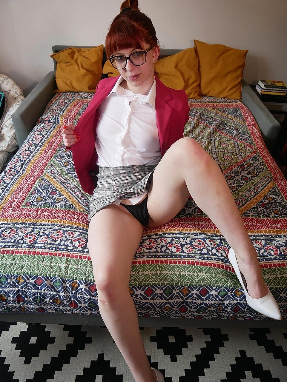 Geeky Amateur Ginger Spreads Her Legs And Shows Her Black Panties Amateur, Non-Nude, Redhead